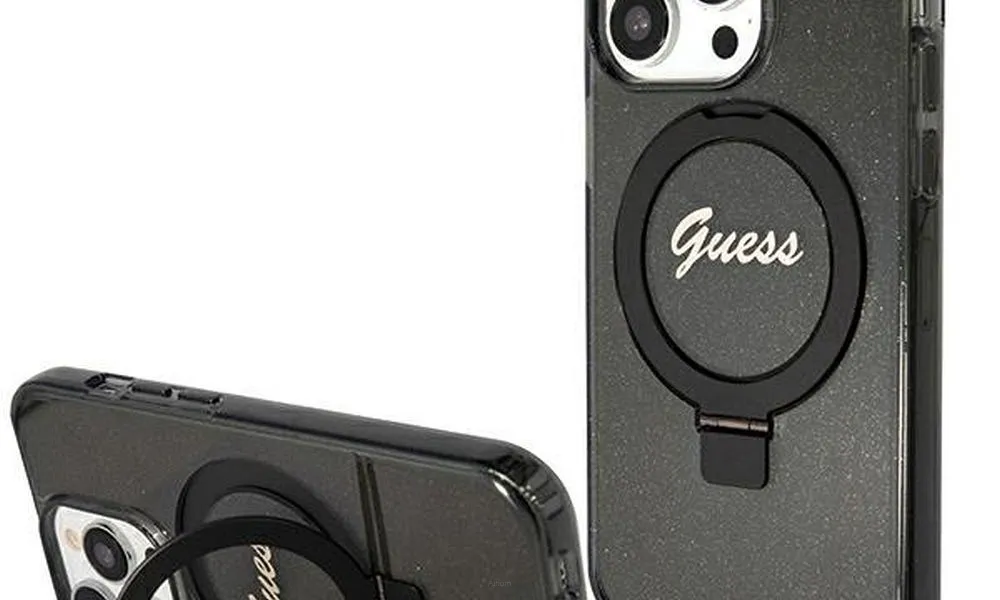 Oryginalne Etui GUESS Hardcase GUHMP15LHRSGSK do iPhone 15 Pro (Kompatybilny z Magsafe / Glitter Script Logo / Ring stand / czarny)