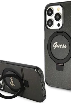 Oryginalne Etui GUESS Hardcase GUHMP15LHRSGSK do iPhone 15 Pro (Kompatybilny z Magsafe / Glitter Script Logo / Ring stand / czarny)