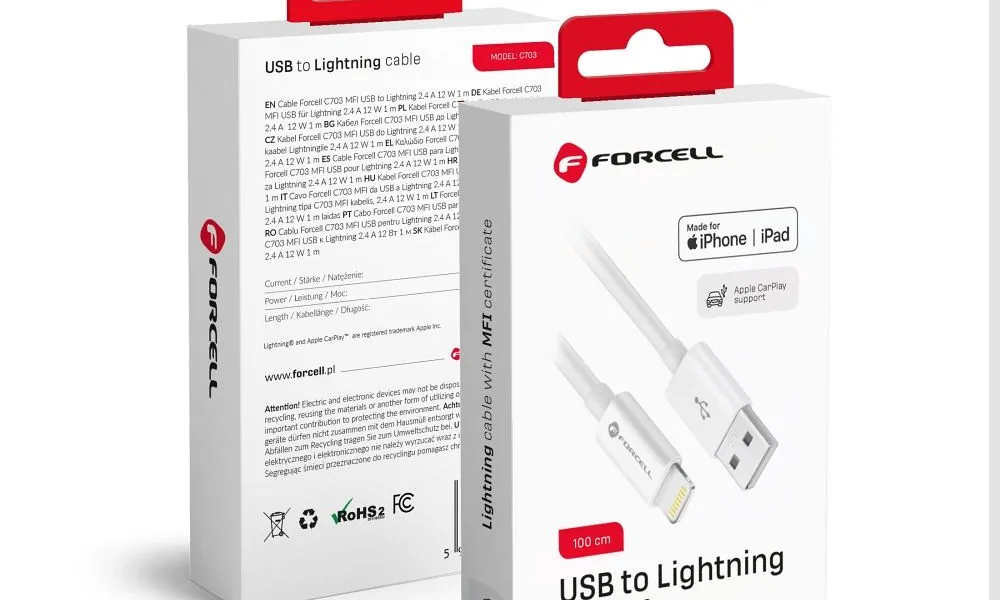 FORCELL kabel USB A do Lightning 8-pin MFi 2,4A/5V 12W C703 1m biały