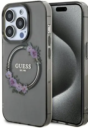 Oryginalne Etui GUESS Hardcase GUHMP15LHFWFCK do iPhone 15 Pro (Kompatybilny z Magsafe / Flowers Wreath / czarny)