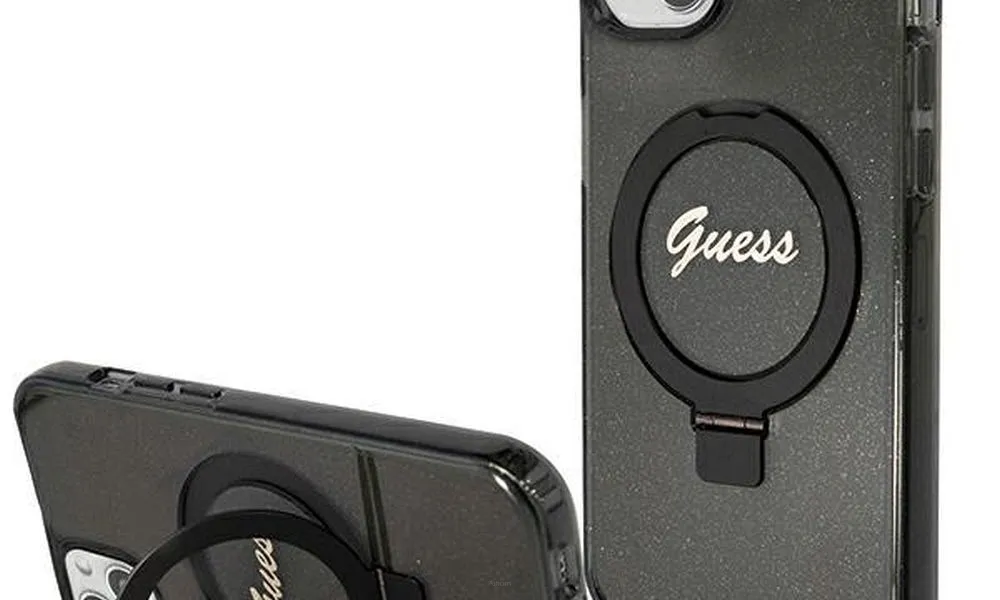 Oryginalne Etui GUESS Hardcase GUHMP15SHRSGSK do iPhone 15 (Kompatybilny z Magsafe / Glitter Script Logo / Ring stand / czarny)