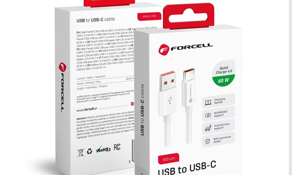 FORCELL kabel USB A do Typ C QC4.0 3A/20V PD 60W C336 1m biały