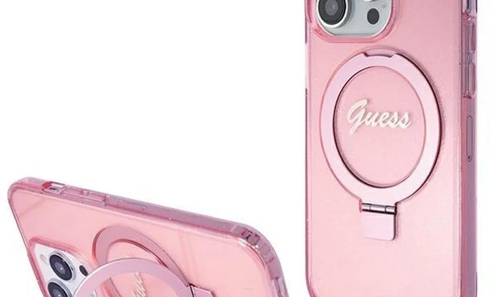 Oryginalne Etui GUESS Hardcase GUHMP15LHRSGSP do iPhone 15 Pro (Kompatybilny z Magsafe / Glitter Script Logo / Ring stand / różowy)