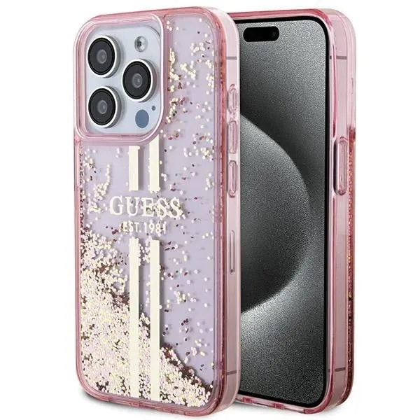 GUESS futerał do IPHONE 15 Pro GUHCP15LLFCSEGP (Liquid Glitter Gold Stripes) różowy