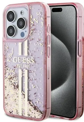 GUESS futerał do IPHONE 15 Pro GUHCP15LLFCSEGP (Liquid Glitter Gold Stripes) różowy