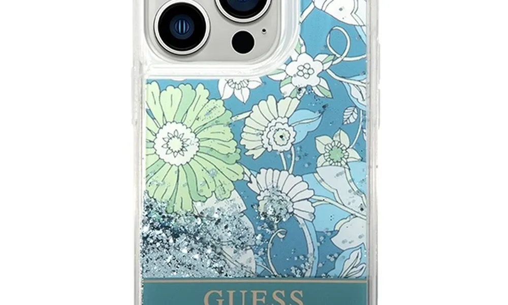 GUESS futerał do IPHONE 14 Pro GUHCP14LLFLSN (Liqide Glitter Flower) zielony