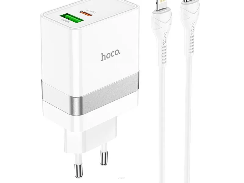HOCO ładowarka sieciowa Typ C + USB QC3.0 z kablem do iPhone Lightning 8-pin Power Delivery 30W Starter N21 biała