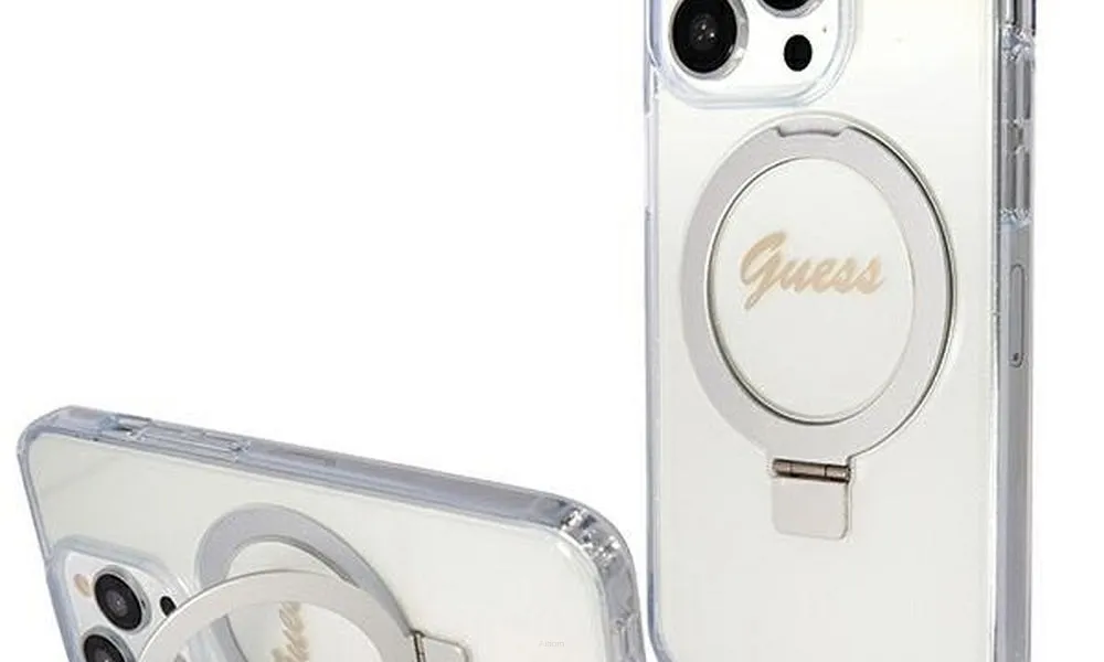 Oryginalne Etui GUESS Hardcase GUHMP15XHRSGSD do iPhone 15 Pro Max (Kompatybilny z Magsafe / Glitter Script Logo / Ring stand / transparent)