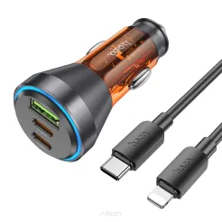 HOCO ładowarka samochodowa USB A + 2 x Typ C + kabel Typ C do Lightning PD QC3.0 3A 60W NZ12D transparentna pomarańczowa