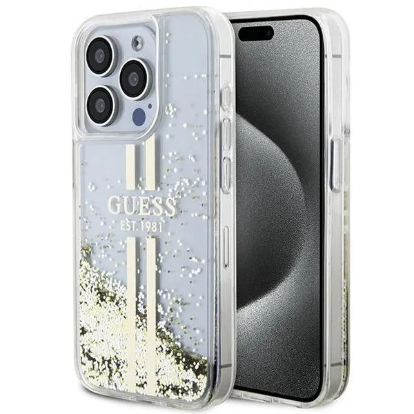 GUESS futerał do IPHONE 15 Pro GUHCP15LLFCSEGT (Liquid Glitter Gold Stripes) transparentny