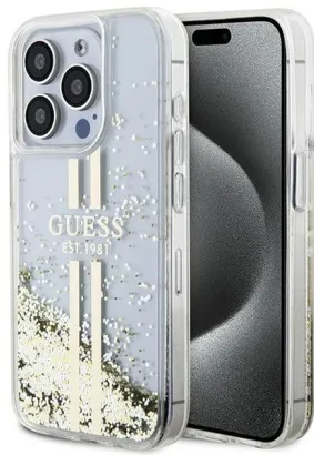 GUESS futerał do IPHONE 15 Pro GUHCP15LLFCSEGT (Liquid Glitter Gold Stripes) transparentny