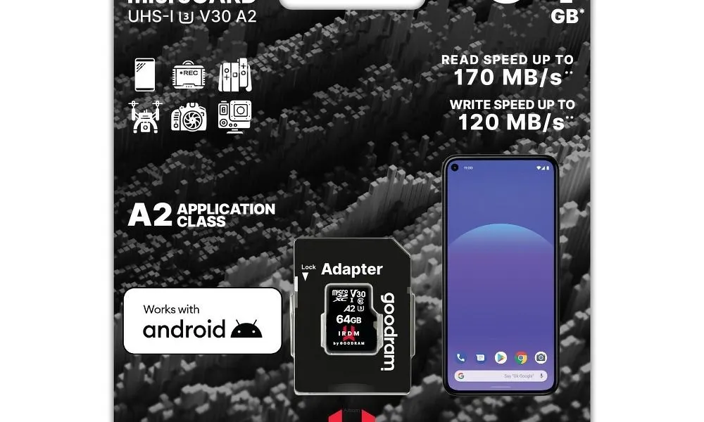 Karta Pamięci IRDM by GOODRAM 64GB microSD UHS I U3 V30 A2 170/120MB/s z adapterem SD