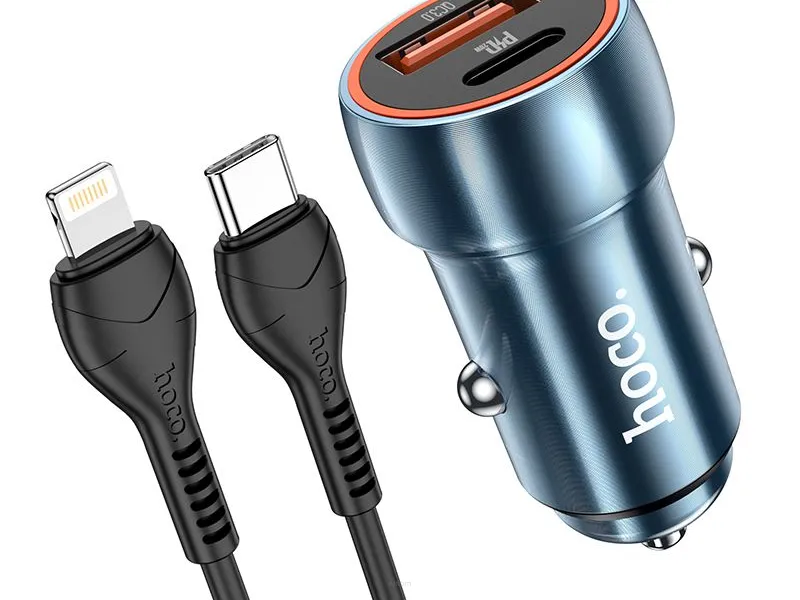 HOCO ładowarka samochodowa Typ C + USB QC 3.0 Power Delivery 20W z kablem do iPhone Lightning 8-pin Z46A niebieska