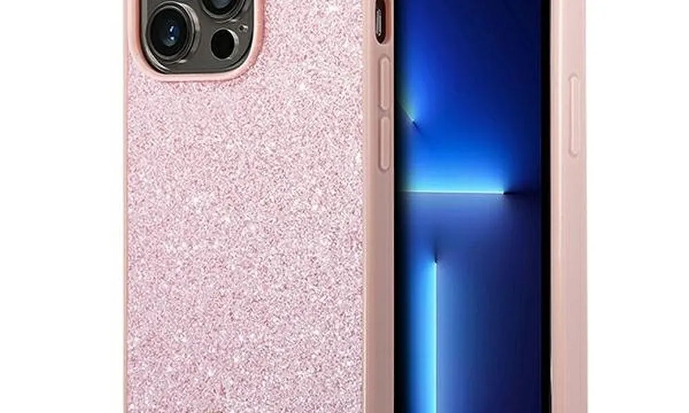 Oryginalne Etui GUESS Hardcase GUHCP14LHGGSHP do iPhone 14 PRO (Glitter Flakes Script Metal Logo / różowy)