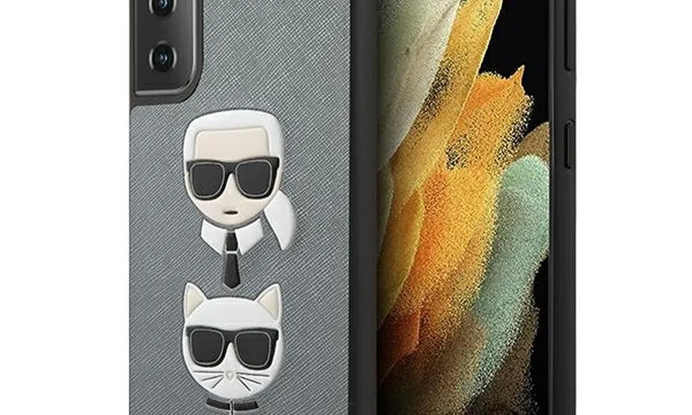 Oryginalne Etui KARL LAGERFELD Hardcase KLHCS21MSAKICKCSL do Samsung S21 Plus (Saffiano Ikonik Karl and Choupette Head / srebrny)