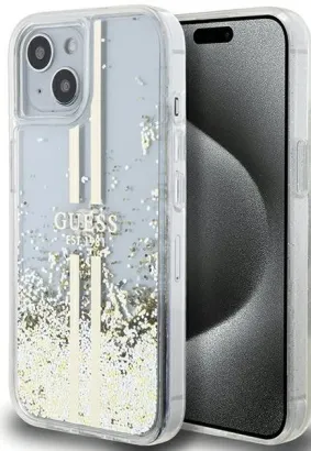 GUESS futerał do IPHONE 15 GUHCP15SLFCSEGT (Liquid Glitter Gold Stripes) transparentny