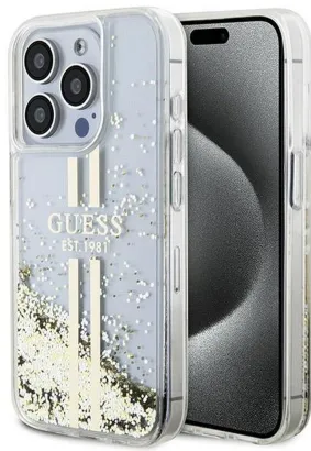 GUESS futerał do IPHONE 15 Pro Max GUHCP15XLFCSEGT (Liquid Glitter Gold Stripes) transparentny