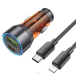 HOCO ładowarka samochodowa USB QC 18W + Typ C 25W + kabel Typ C do Lightning PD43W NZ12A transparentna pomarańczowa