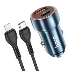 HOCO ładowarka samochodowa Typ C + USB QC 3.0 Power Delivery 20W z kablem do iPhone Lightning 8-pin Z46A niebieska